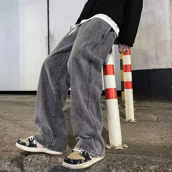Fashion Men's Solid Color Drape Jeans Loose Straight Korean Vintage High Street Hip-hop Y2K Casual Daily Dragging Wide-leg Pants