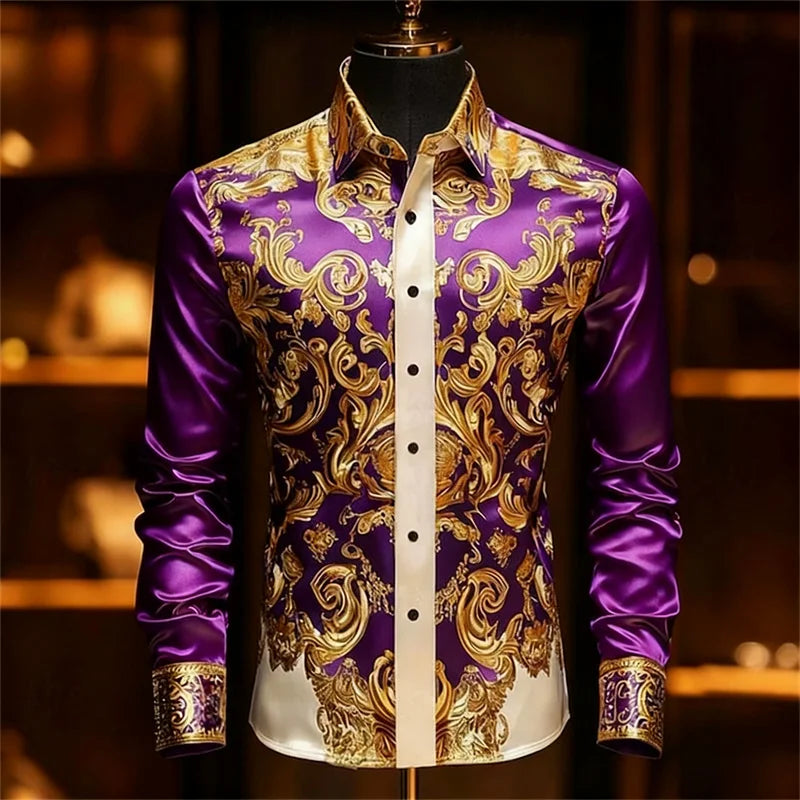 Luxury 3D Printed Long-Sleeve Men's Shirt, Baroque Gold Pattern Slim Fit Dress Shirt, Business Banquet Men's Shirt, Sizes XS-6XL