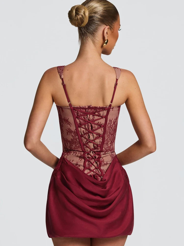RLMABABY Sexy Lace Splice Ruched Women Mini Bodycon Dress Slim Square Collar Backless Corset Back Lace Up Club Party Short Dress