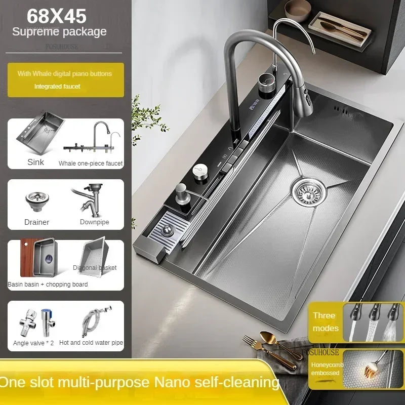 304 Stainless Steel Kitchen Sinks Large Single Bowl Nano Embossed Wash Basin Digital Display Modern Home Station