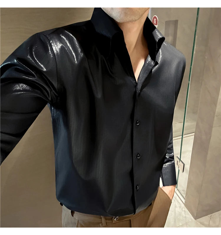 Men's 2026 Spring Luxury Lyocell Cotton Shirt, Leather-Like Texture Jacquard V-Neck, Long Sleeve Business Casual Top