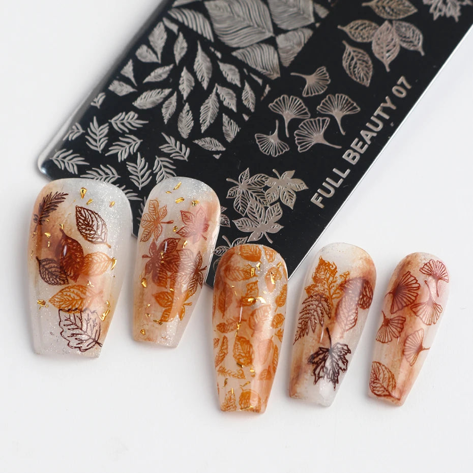 1 pcs Maple Leaves Nail Art Stamping Plate Autumn Ginkgo Leaves Palm Leaves Nail Templates Deep Fall DIY Nail Decals Molds Tools