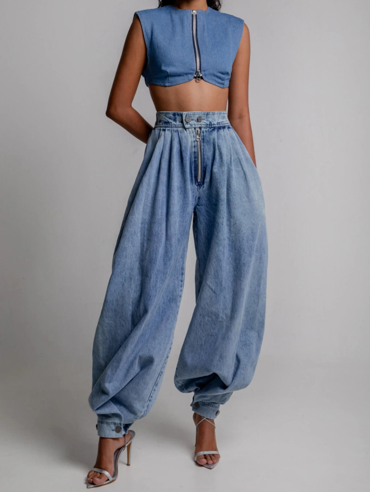 Women's Casual Washed Denim Harem Pants High Waist Zipper Loose Trousers Streetwear Y2K Oversized Vintage Balloon Pants Jeans