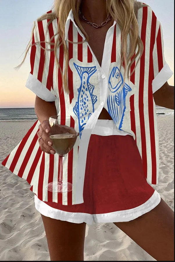 Women Summer Fashion Shorts Sets Retro Print Sleeve Shirt Shorts Suit New Casual Loose Female Beach Vacation Shorts 2 Piece Set