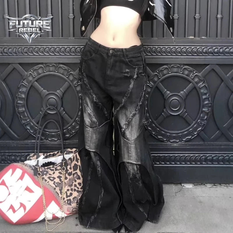 Y2K Heavy Duty Patchwork Distressed Denim Jeans Unisex Gothic Loose Flared Bell Vintage Hip Hop Washed Wide Leg Trendy Harajuku