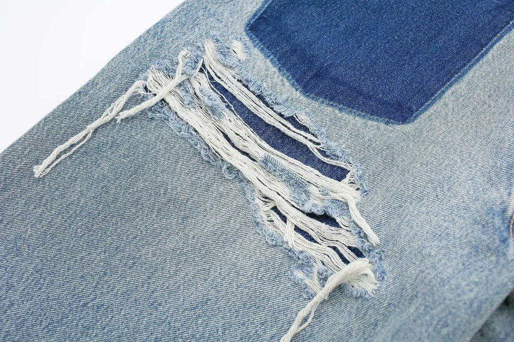 HH 2024 Women's Street Fashion Denim Blue Jeans Distressed Patchwork High Waist Zipper Fly Ripped Retro Long Pants