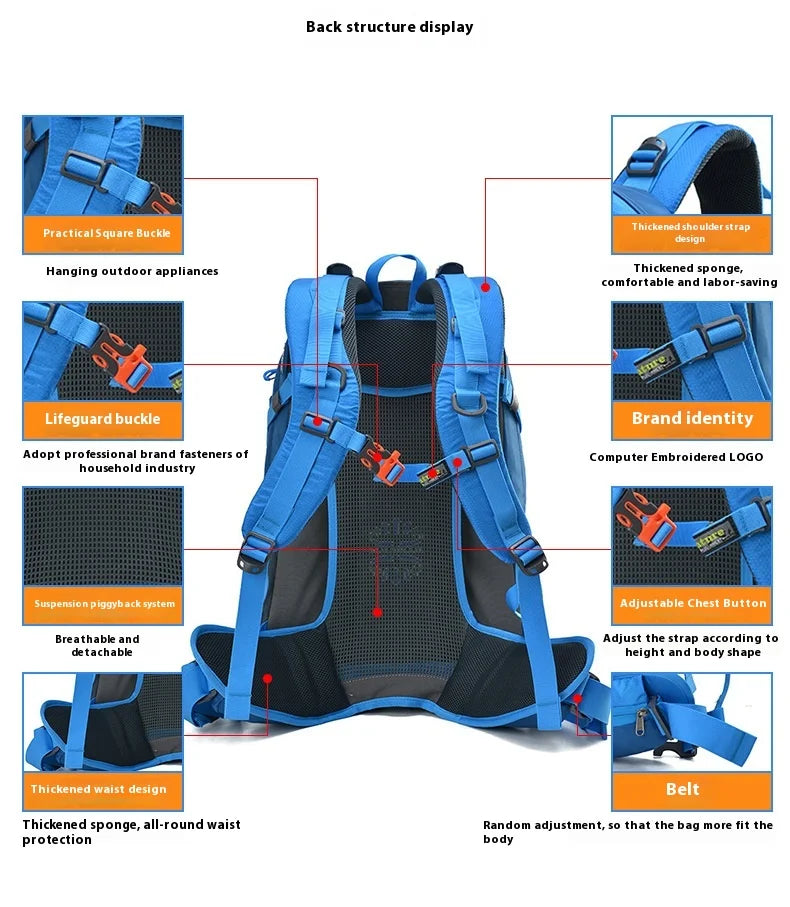 Travel Hiking Backpack 40L Trekking Bag Men Women Durable Outdoor Sports Daypack for Climbing Mountaineering Fishing Bicycle