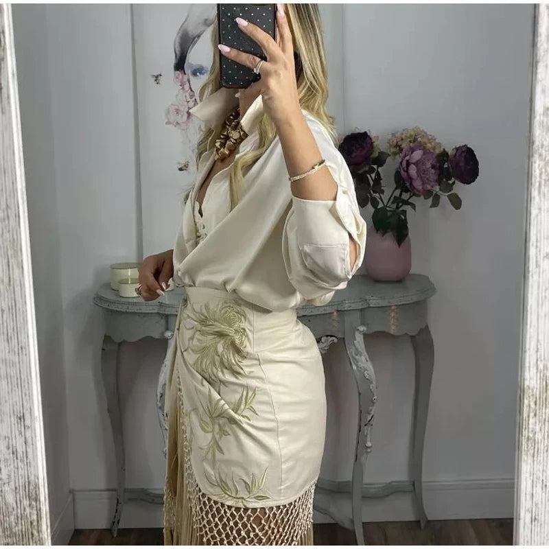 Vintage Embroidered Blouse Tie V Neck Cutout Patchwork Fringe Hem Puff Long Sleeve Tunic Cover Up Women's Relaxed Holiday Wear