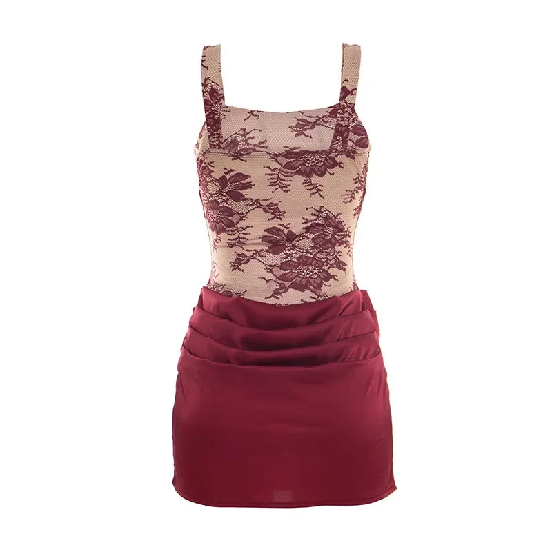 Sexy Lace Patchwork Corset Top Ruched Mini Skirt Dress Slim Fit Bodycon Sleeveless Elegant Birthday Party Summer Dresses 2026