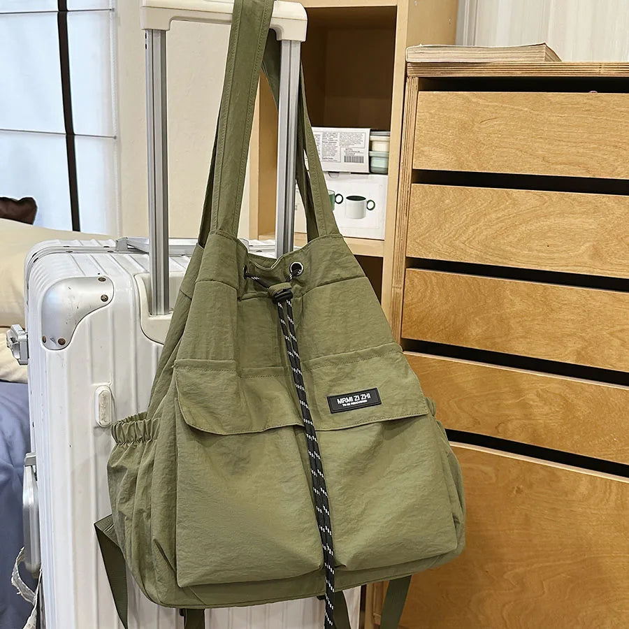Women 2‑Way Travel Backpack Lightweight Korean Style Casual Shoulder Bag Multifunctional Drawstring Rucksack for College Student