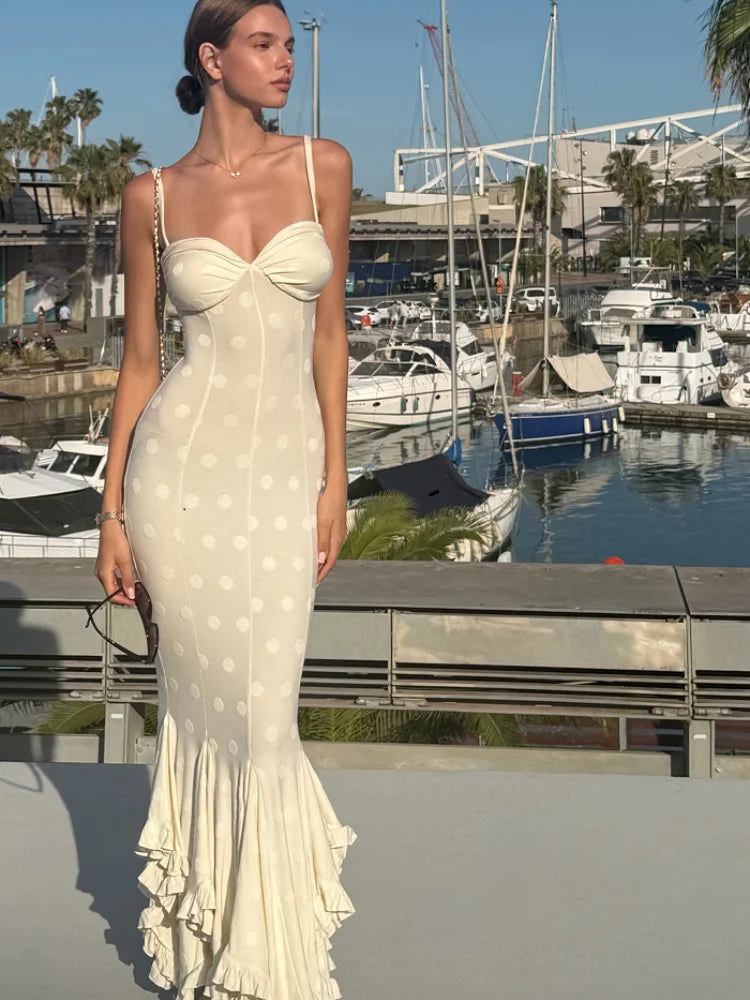 White Polka Dot Maxi Dress For Women Spaghetti Straps Sweetheart Bust Back Ruched Mermaid Flounce Hem Vacation Biryhday Dresses