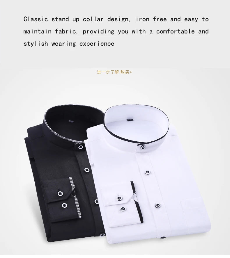 Men's Stand Up Collar Shirt Classic Round Neck Slim Fit Vertical Collar Long Sleeved White Shirt