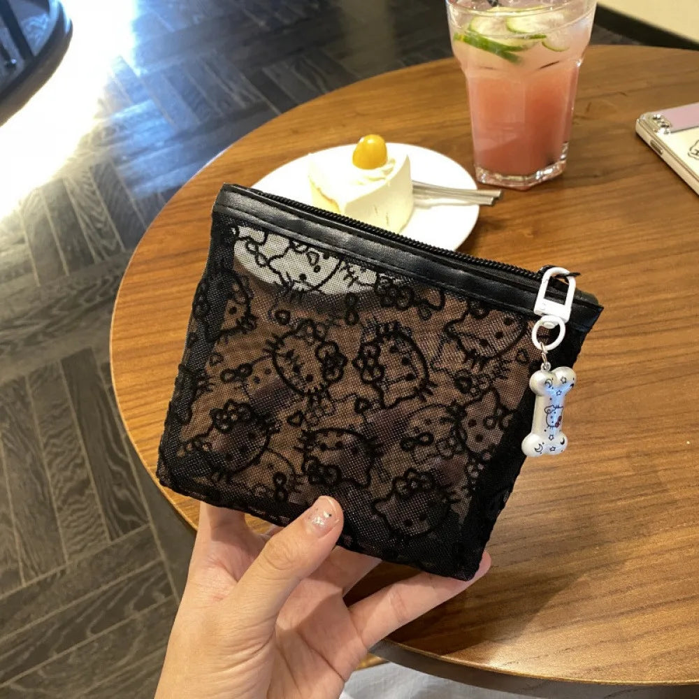 Simple touch-up bag kitty storage bag, large capacity, portable, black mesh hand makeup bag, cute and dirt-resistant