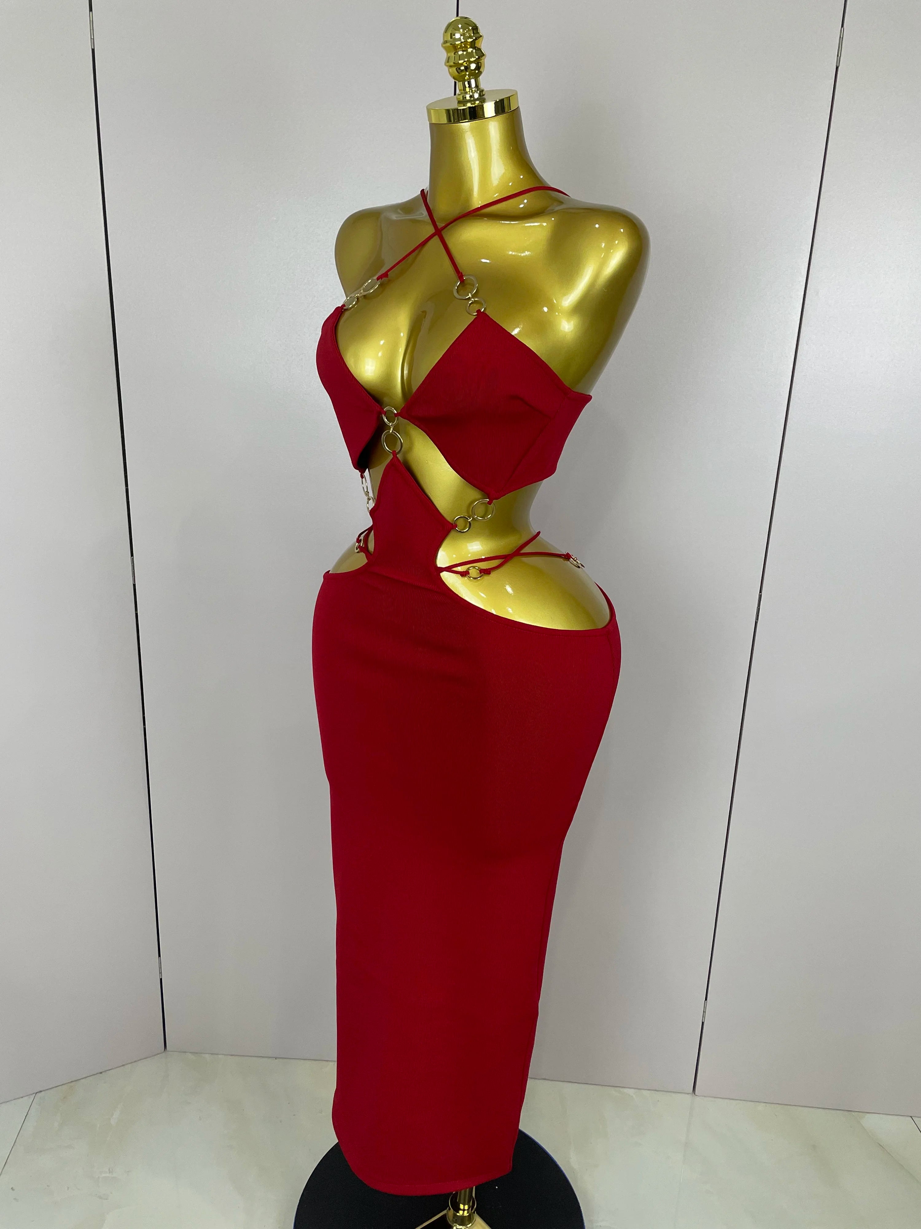 Sexy Halter Hollow Out  Sleeveless Black Red Bodycon Long Bandage Dress 2025 Women Celebate Elegant Luxury Birthday Club Dress
