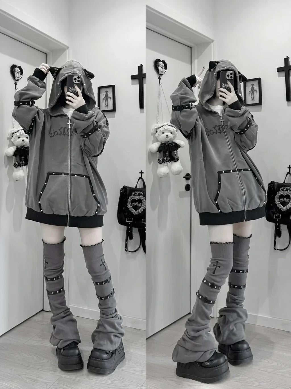 Black Cat Ear Zip Up Hoodie Japanese Subculture Women Devil Pinstripe Heart Print Oversized Metal Buckle Punk Streetwear Outfit