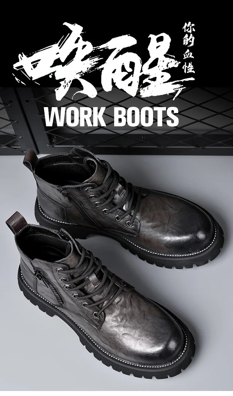 2025 autumn and winter boots men's British style versatile high top leather shoes workwear snow leather boots men's short boots