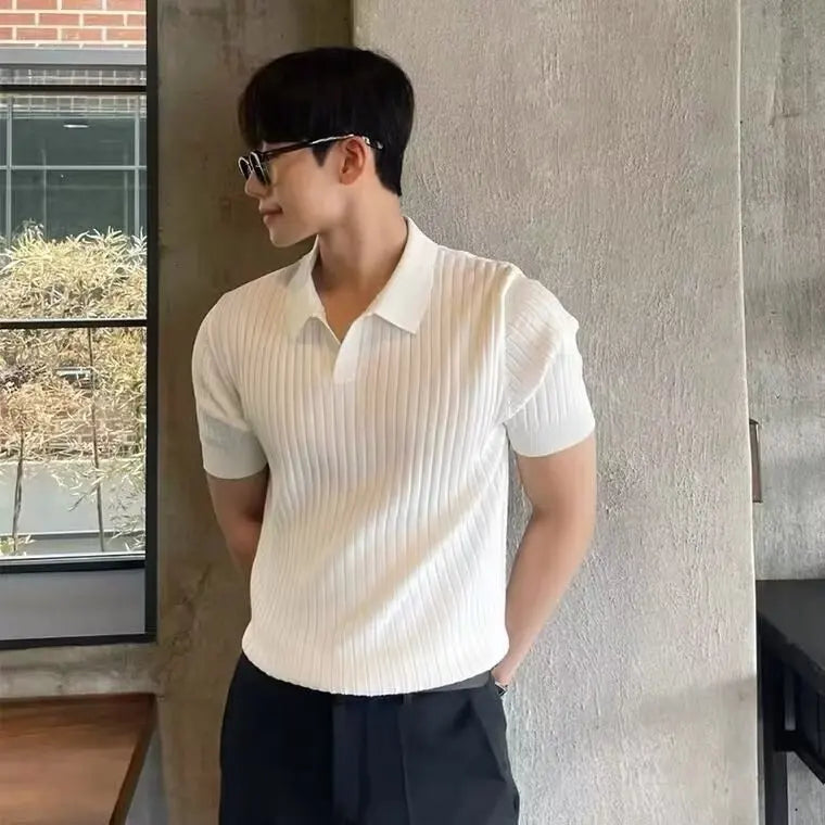 Trendy Polo Shirt for Men Summer Solid Color Top Versatile Knit Style Korean Short Sleeves Casual Fashion T-shirt