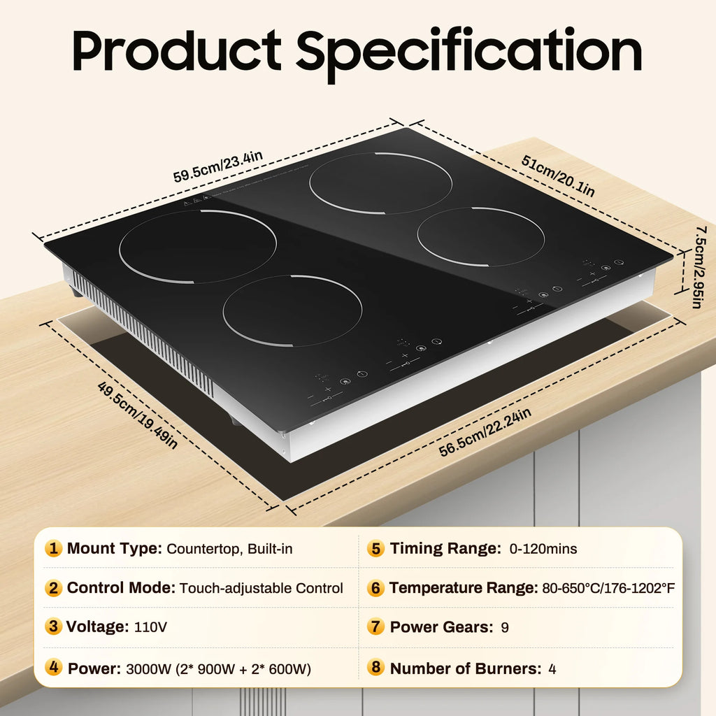 4 Burners Electric Ceramic Cooktop 110V 3000W LED Touch Control Built‑in Countertop Stove Flexible Adjustment for Home Kitchen