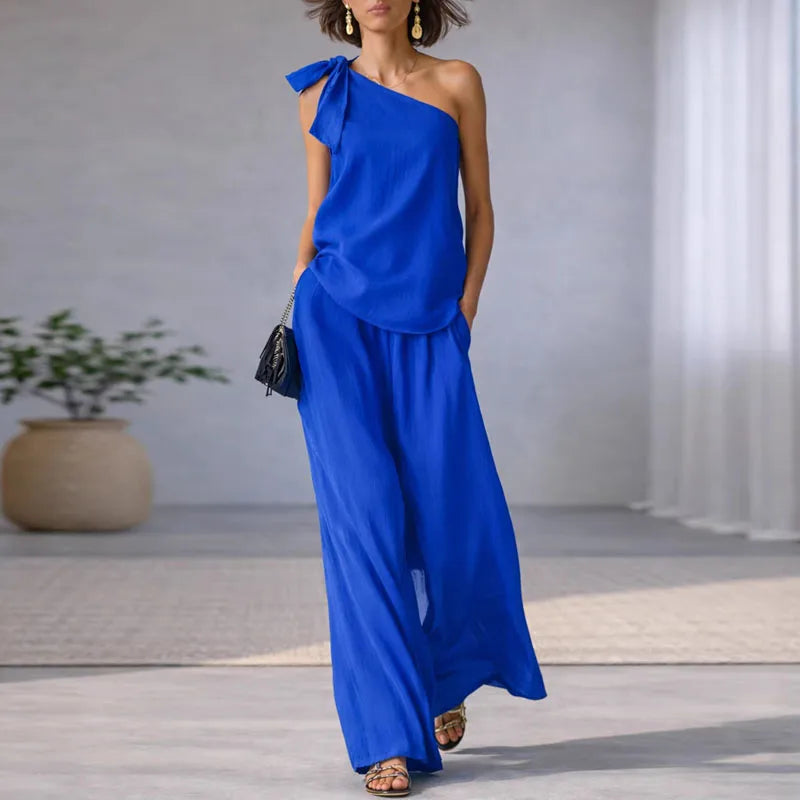 Women's 2 Piece Set 2026 Spring Sexy One Shoulder Tie Knot Top And Wide Leg Pants Suit Casual Loose Summer Beach Vacation Outfit