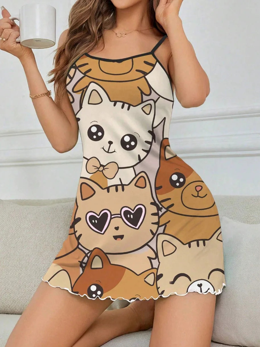 New Summer Nightdress Cute Cat Pattern Light Breathable Fabric Girls Loose Nightdress For Bedroom