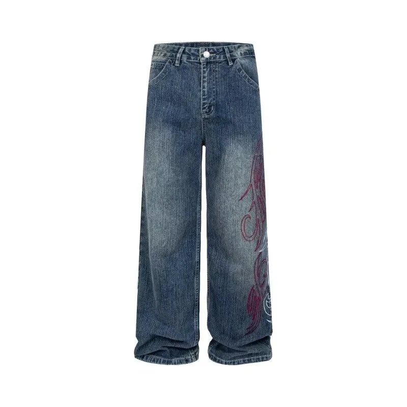 New Y2K Flame Embroidered Streetwear Flared Jeans For Man Hip Hop Fashion Straight Baggy Denim Pants Harajuku Streetwear Jean