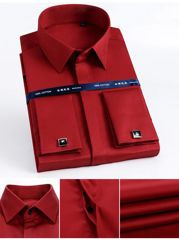 Men's 100% Cotton Iron-Free French Cuff Shirt Front Hidden Buttons Removable Collar Stays Formal Business Long Sleeve Shirts