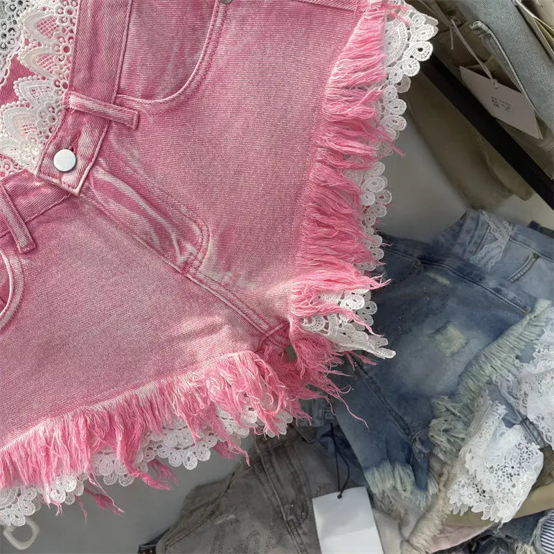 Light Blue Denim Shorts For Women High Waisted Raw Hem Lace Patchwork Petite Shorts Summer Casual Slim Fit Hot Pants