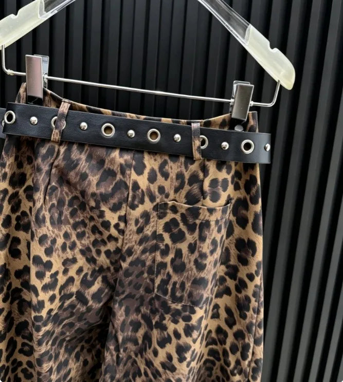 Wide Leg Leopard Print Pants Full Length Ins Style with Streetwear No Stretch Regular Thickness Belt Mid Waist Women Pants