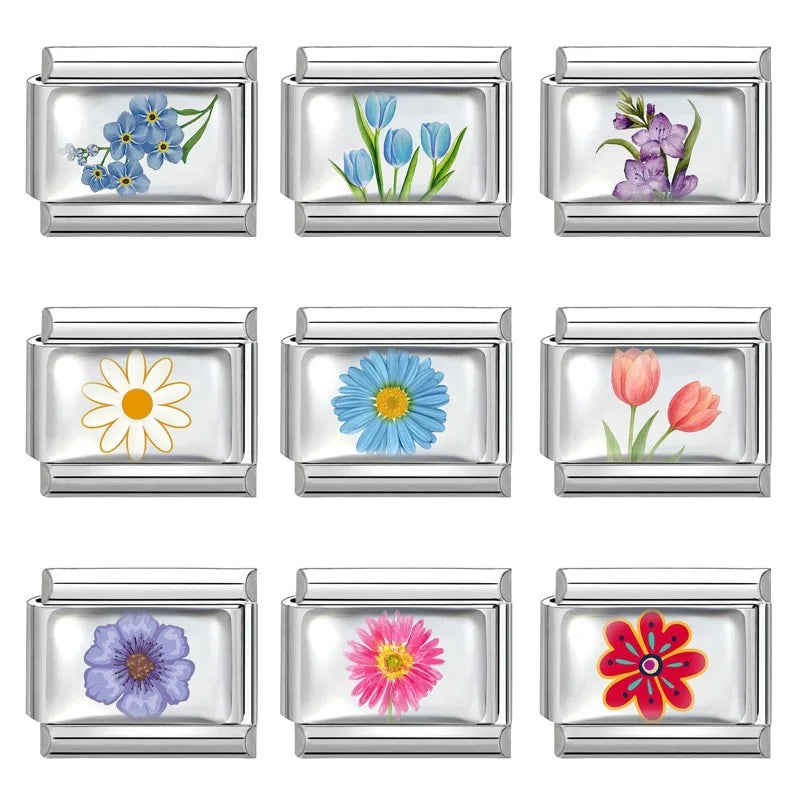 2025 Women's Fashion Colorful Flowers Sunflower Tulip Orchid Daisy Italian Charms Fit 9mm Stainless Steel Bracelet DIY Jewelry