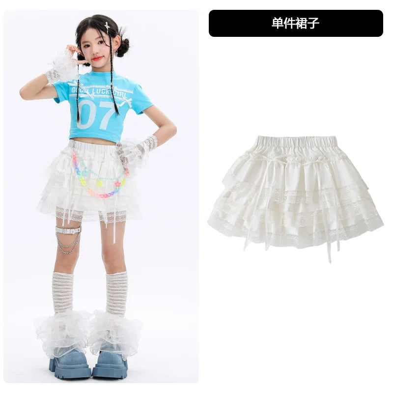 Kid Cute Hip Hop Clothing BLue Crop T Shirt Sleeves White Layered Lace Pleated Mini Skirt for Girls Jazz Dance Costume Clothes