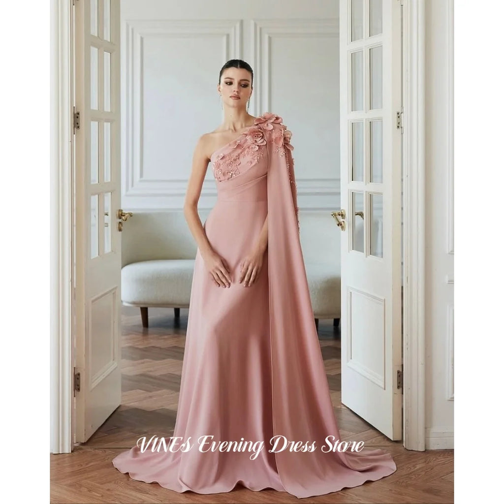 VINES Pink One Shoulder Prom Dress 3D Flower Beaded Evening Dress With Cape Elegant Floor Length Formal Party Dress Customized
