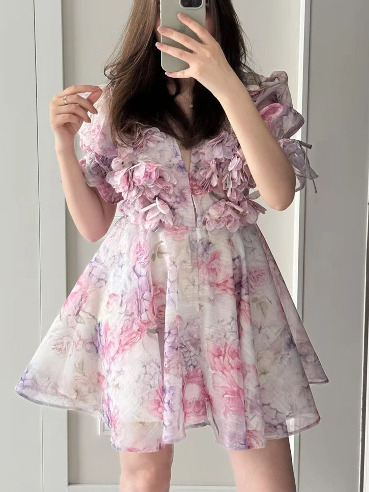 FSMG Sweet Pink 3D Flower Big Puff Sleeve V Neck Dress Fashion French Style High Waist A-line Mini Sexy Short Skirt Evening Robe