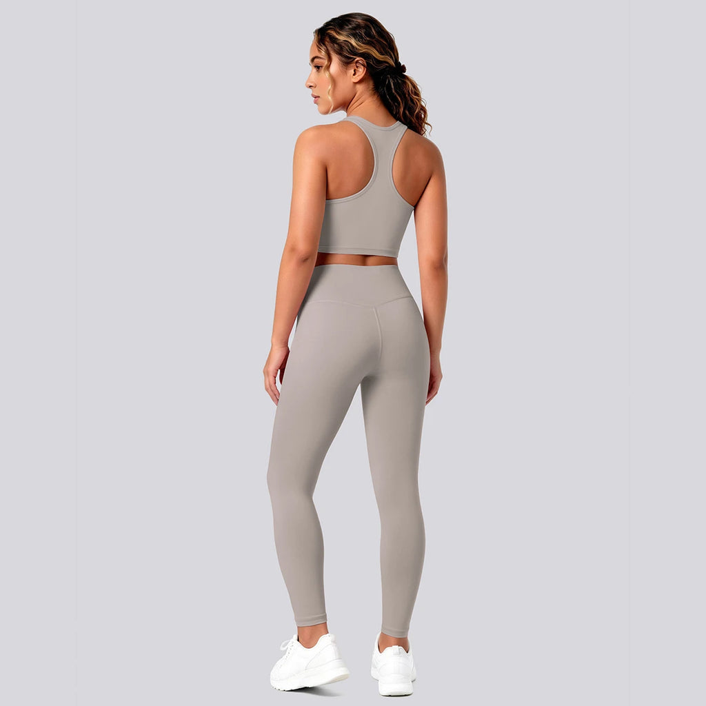 2PCS Solid Color Yoga Set for Woman's Gather Beautiful Back I-shaped Vest Shock-absorbing Running Yoga Tank Top Push Up Pants