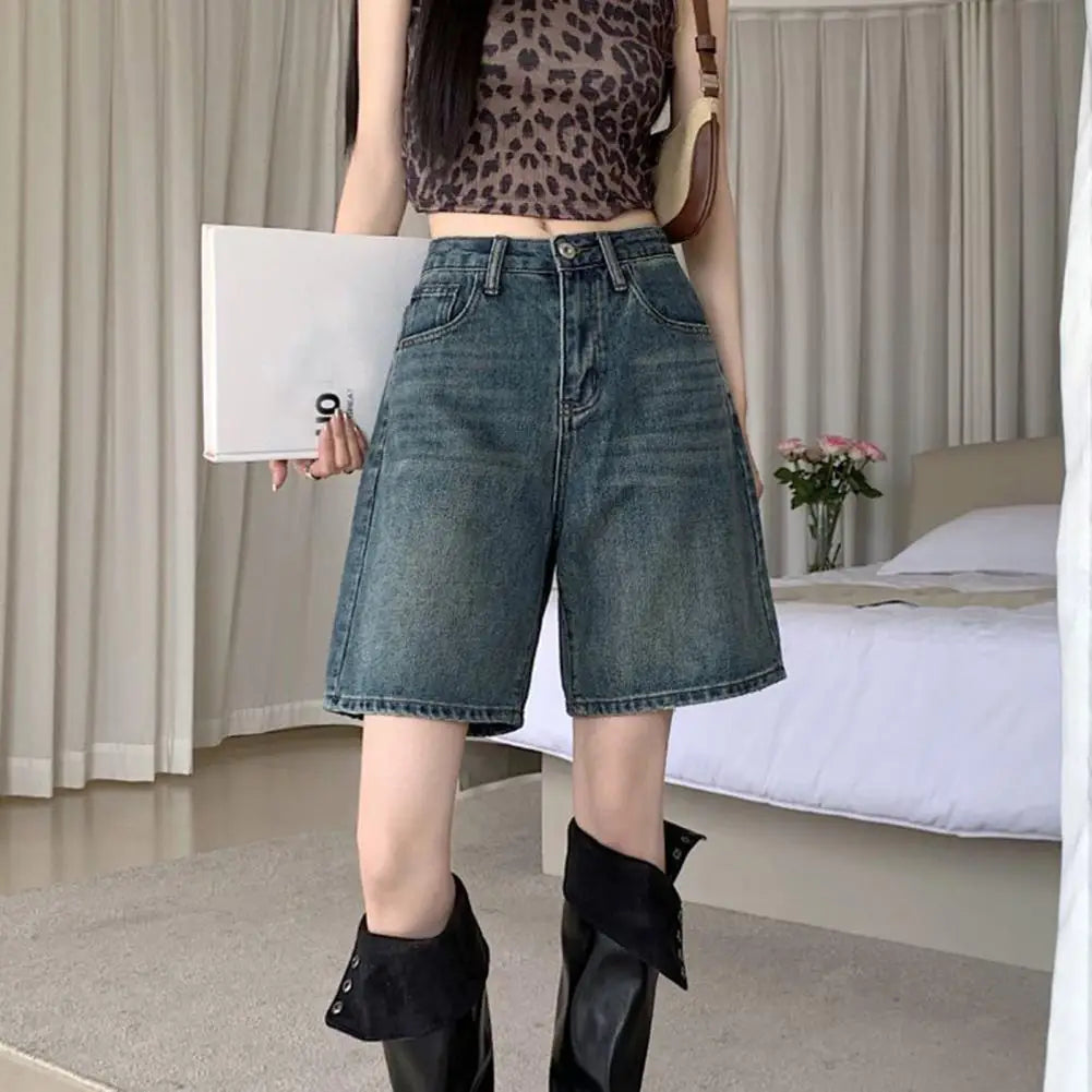 Retro Style Women Denim Shorts High Waist Vintage Washed Straight Wide Leg Button Zipper Knee Length Jeans Shorts Summer