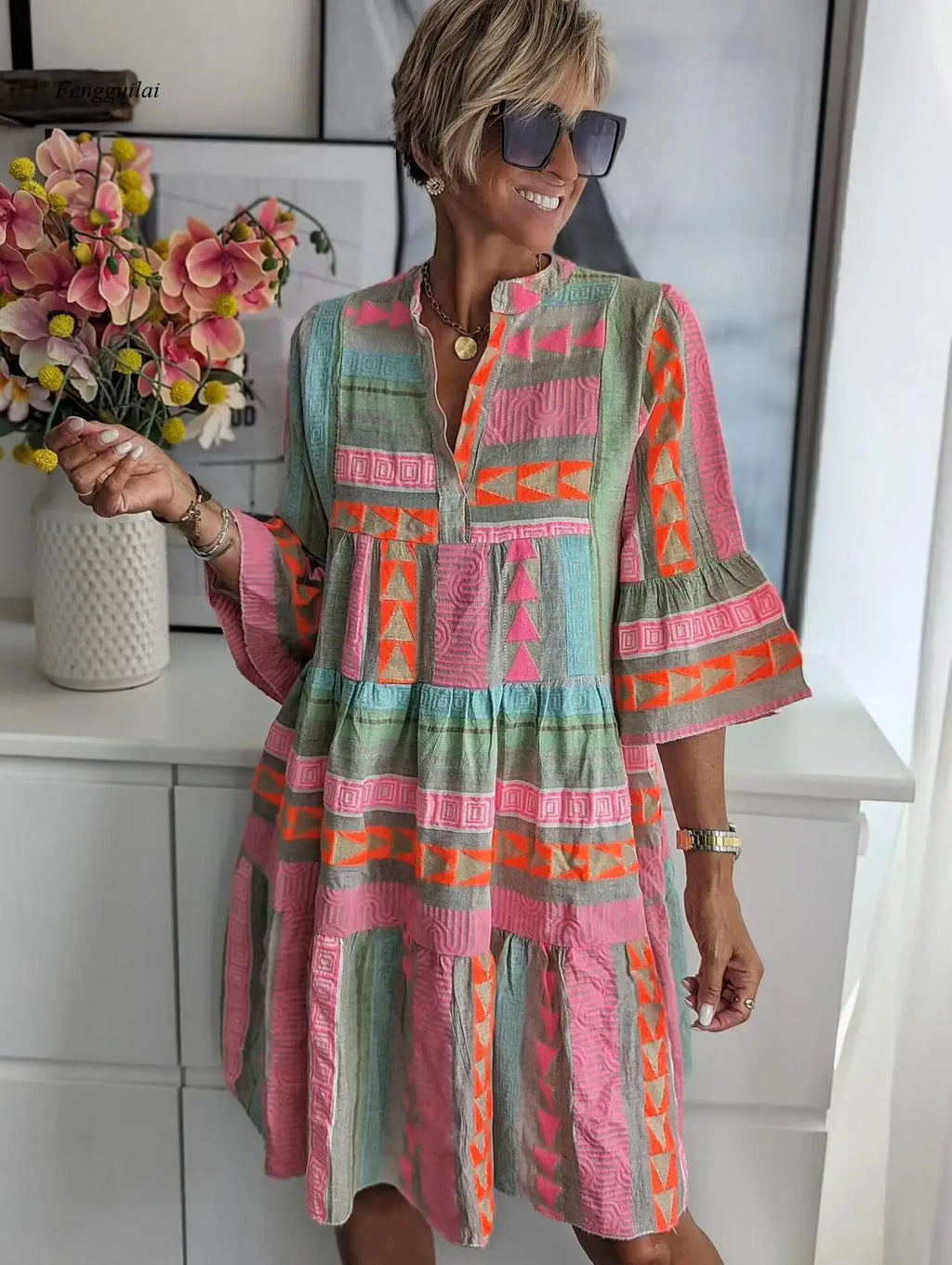 Colorful Boho Tiered Mini Dress with Bell Sleeves, V-Neck Geometric Embroidered Dress, Summer Beach Casual Dress