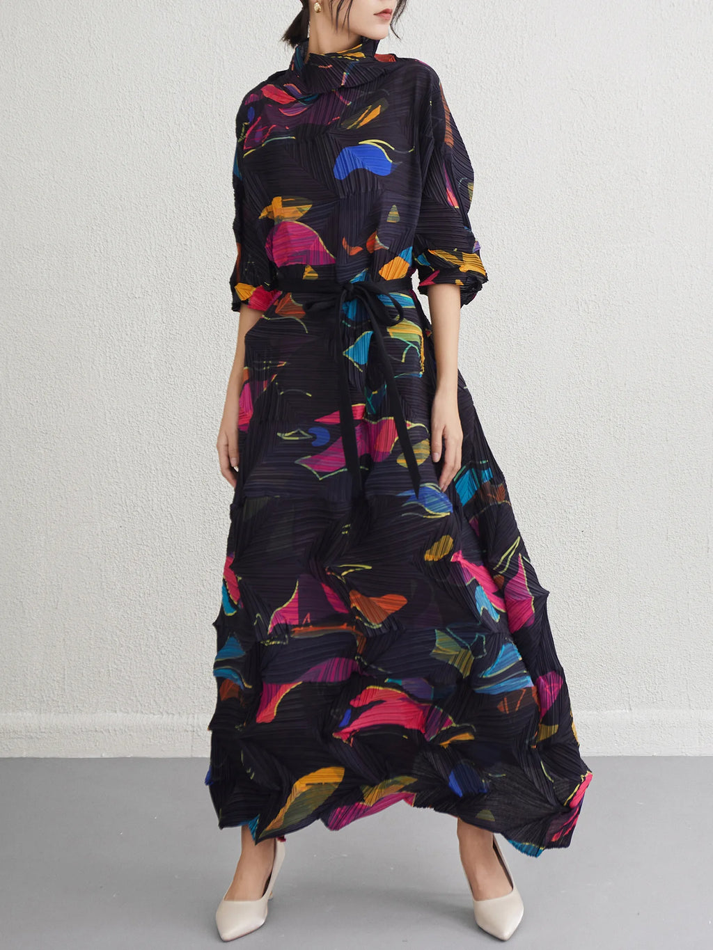 Miyake Fold 2025 Spring New Dress Women's Irregular Print Fold Waist Advanced Sense Dress