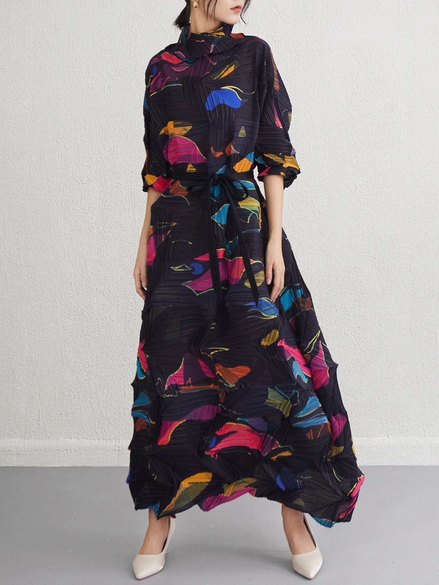 Miyake Fold 2025 Spring New Dress Women's Irregular Print Fold Waist Advanced Sense Dress
