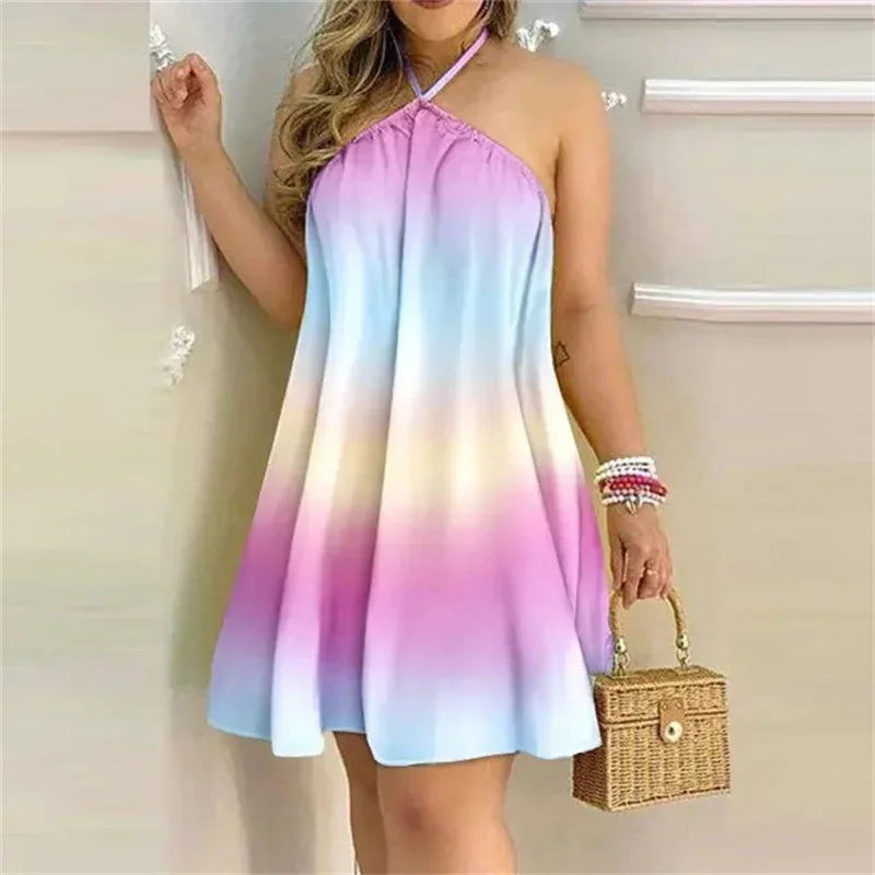 2024 Summer Off The Shoulder Hanging Neck Lace-up Dresses Women Elegant Print Backless Sleeveless Dress Female Casual Short Gown