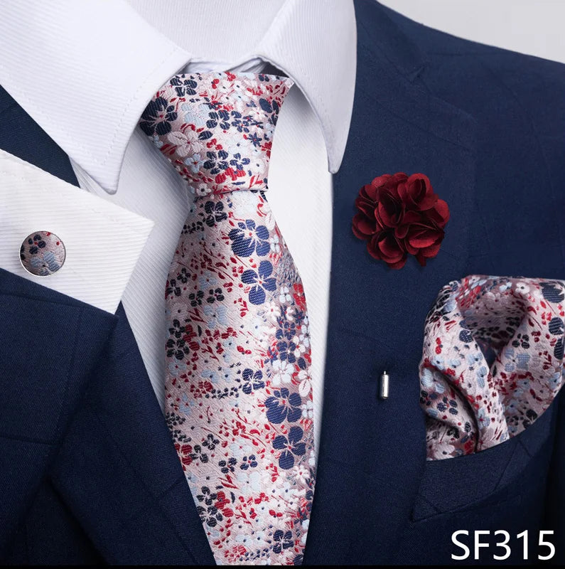 Hot Sale Luxury 8 Cm Blue Floral Ties Pocket Square Cufflinks Brooch Set For Man Suit Accessories Holiday Gift Fit Formal Party