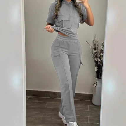 2026 Autumn and Winter Women's Casual Solid Color Hooded T-shirt with Straight Leg Pants Two-piece Set