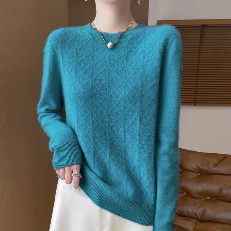 Fall/Winter 2024 New Women's Sweater 100% Pure Wool Lotus Collar Solid Color Loose Knitted Cashmere Pullover
