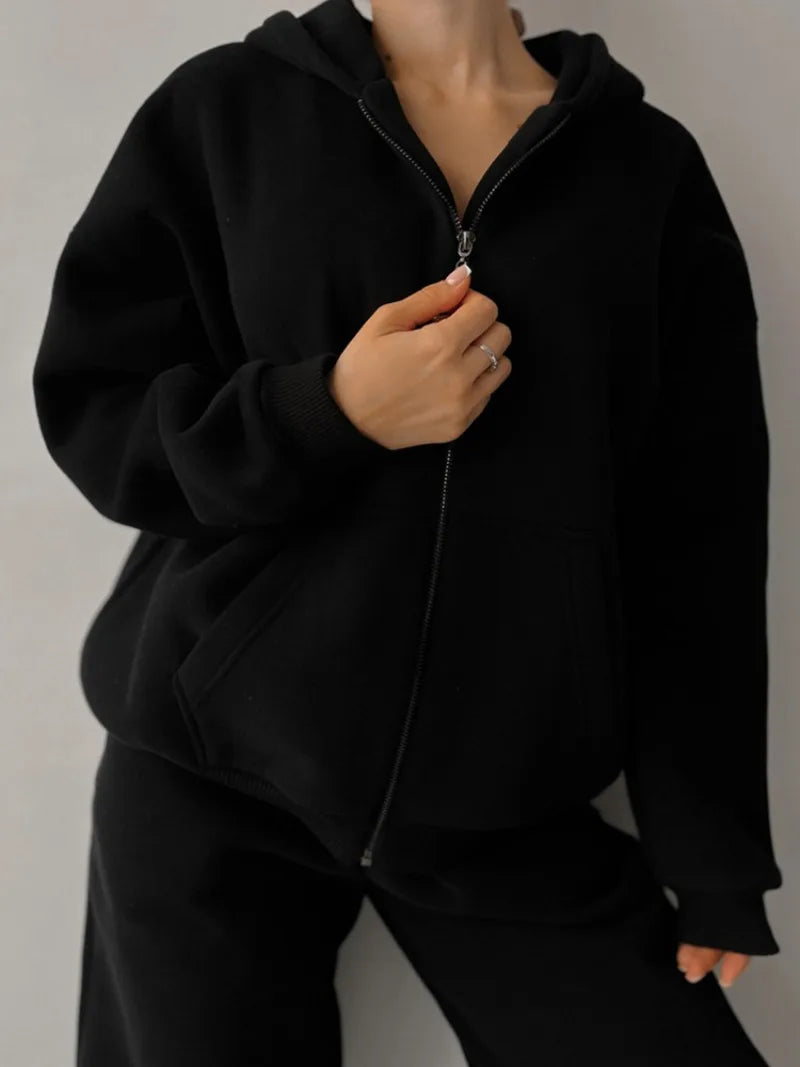 Women's Casual Suit Solid Color Long Sleeve Hooded Cardigan Pocket Sweater Elastic Pants Two-piece Set