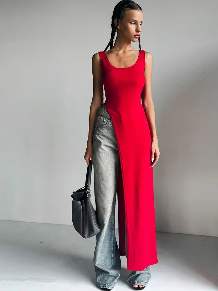 Sexy Sleeveless Side High Split Midi Dress Backless Women's Summer Party Club Streetwear Y2K Style Solid Color