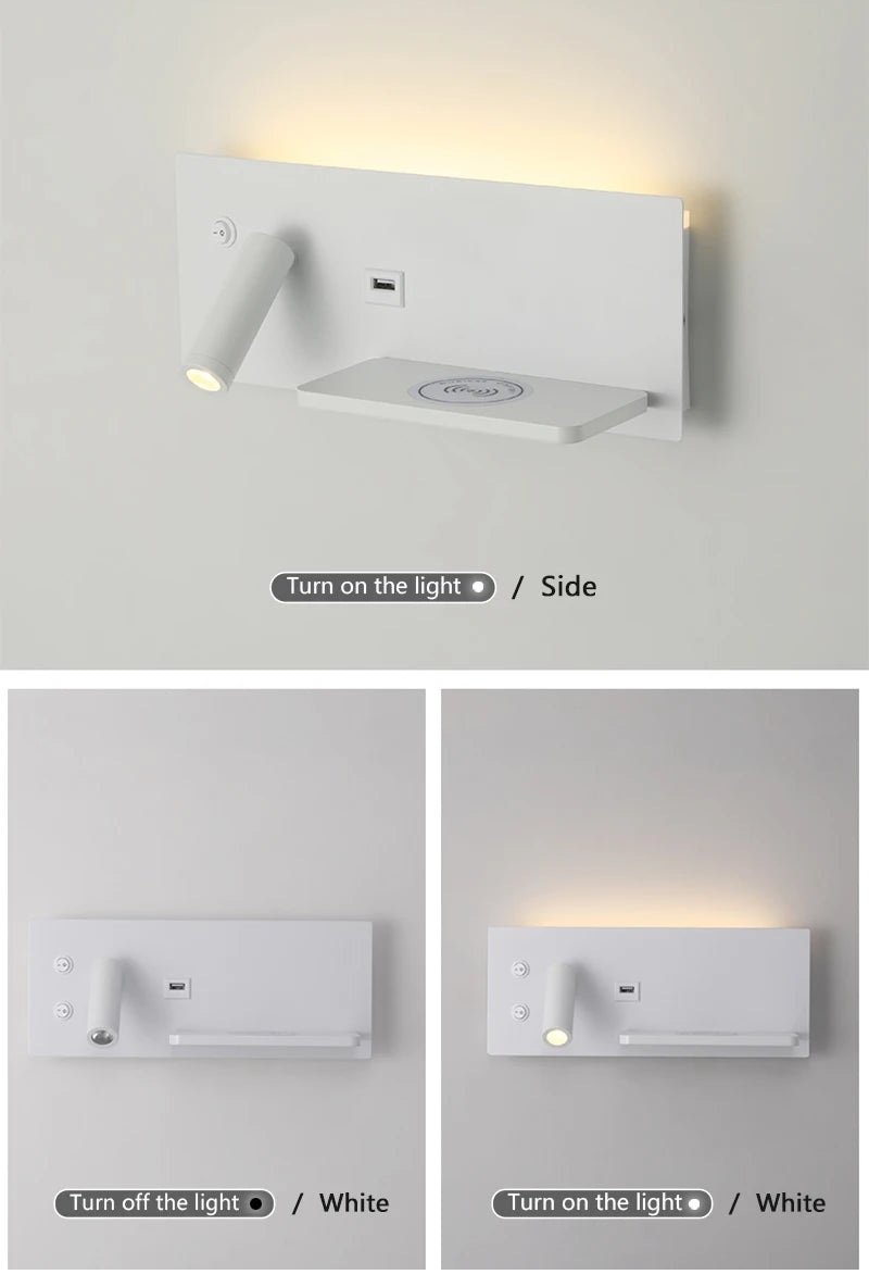 Modern LED Wall Lamp with Wireless Charger Simple Creative USB Interface Night Light Suitable for Living Room Bedroom Study