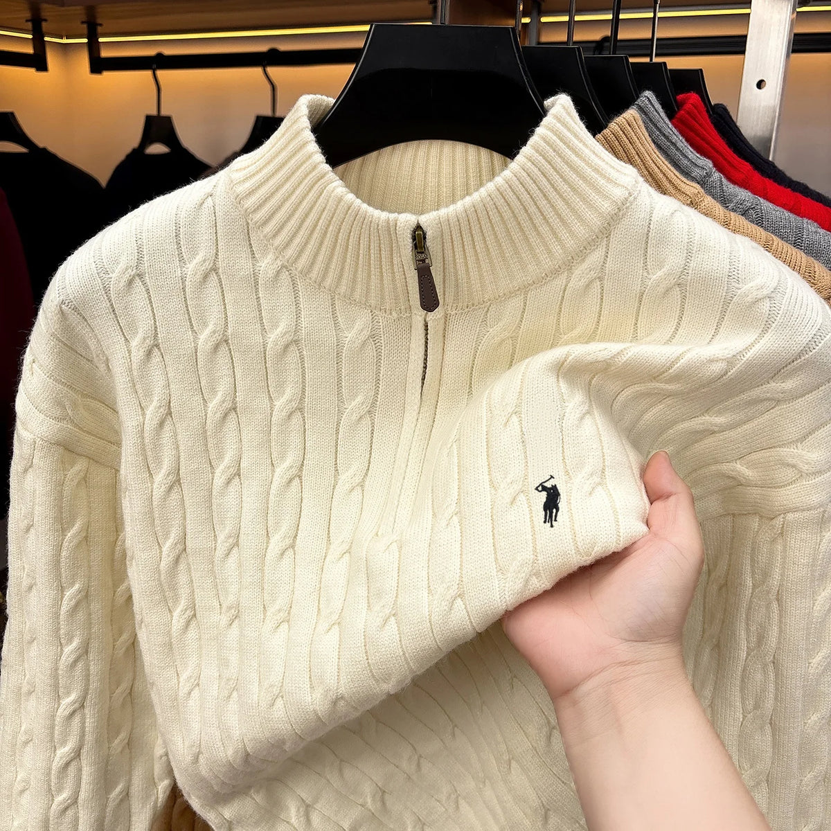 Fashion Half Zipper Sweater Men's Winter Warmth New exquisite jacquard design luxury brand golf pony embroidery knitted pullover