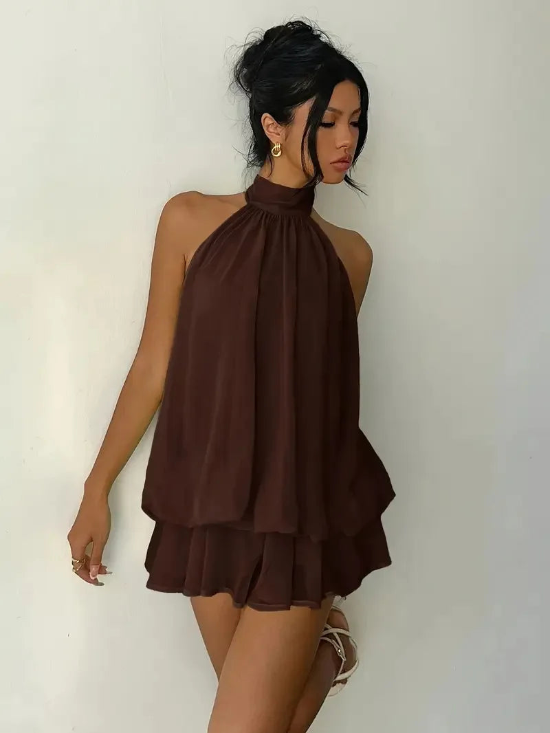 Women Halter Neck Backless Tie Mini Dress Summer Sleeveless Chiffon Ruffle Short Dresses Sexy Club Party Beach Vacation Outfit
