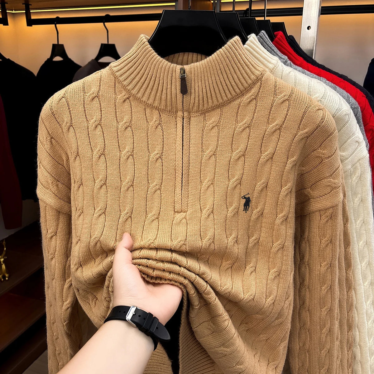 Fashion Half Zipper Sweater Men's Winter Warmth New exquisite jacquard design luxury brand golf pony embroidery knitted pullover