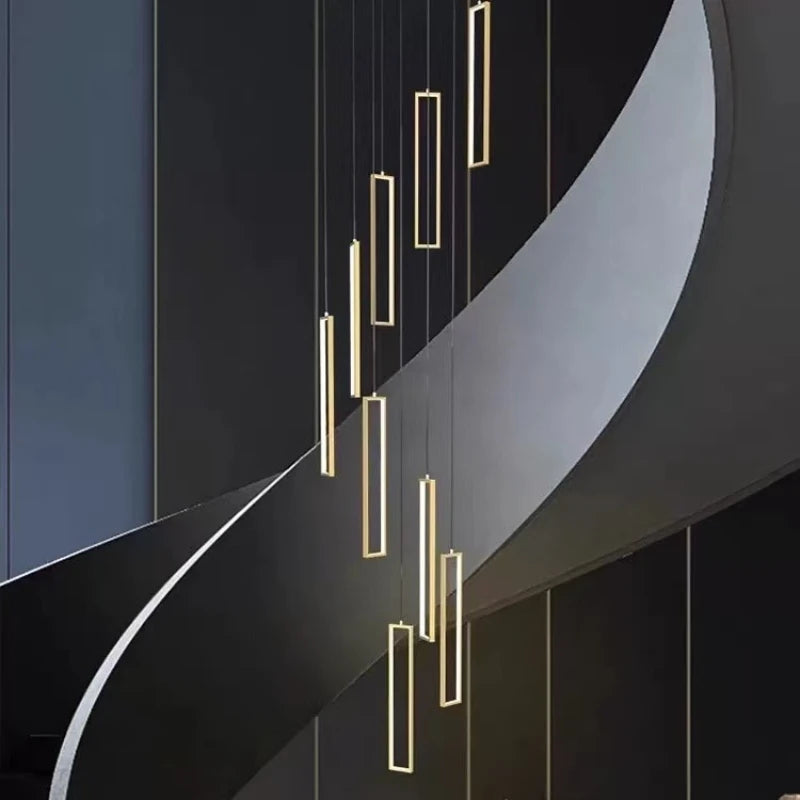 Modern Simple Staircase LED Chandeliers Aluminum Squarer Pendant Lights Loft Villa Duplex Exhibition Hall Decor Lighting Fixture