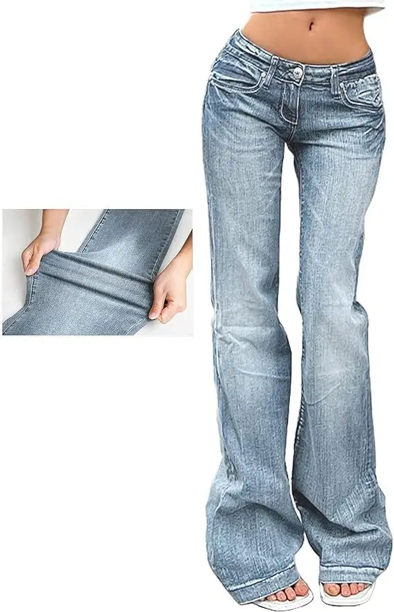 Women Washed Jeans Flare Pants Denim Mid Waist Slim Fit Pockets Button Solid Vintage Full Length Casual Denims Trousers