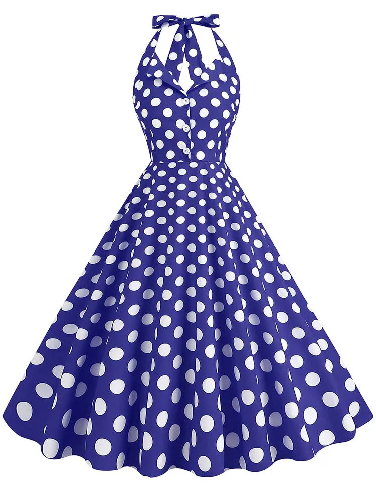 Sexy Retro Polka Dot Halter Dress Women Audrey Hepburn 50s 60s Vintage Gothic Pin Up Rockabilly Clothing